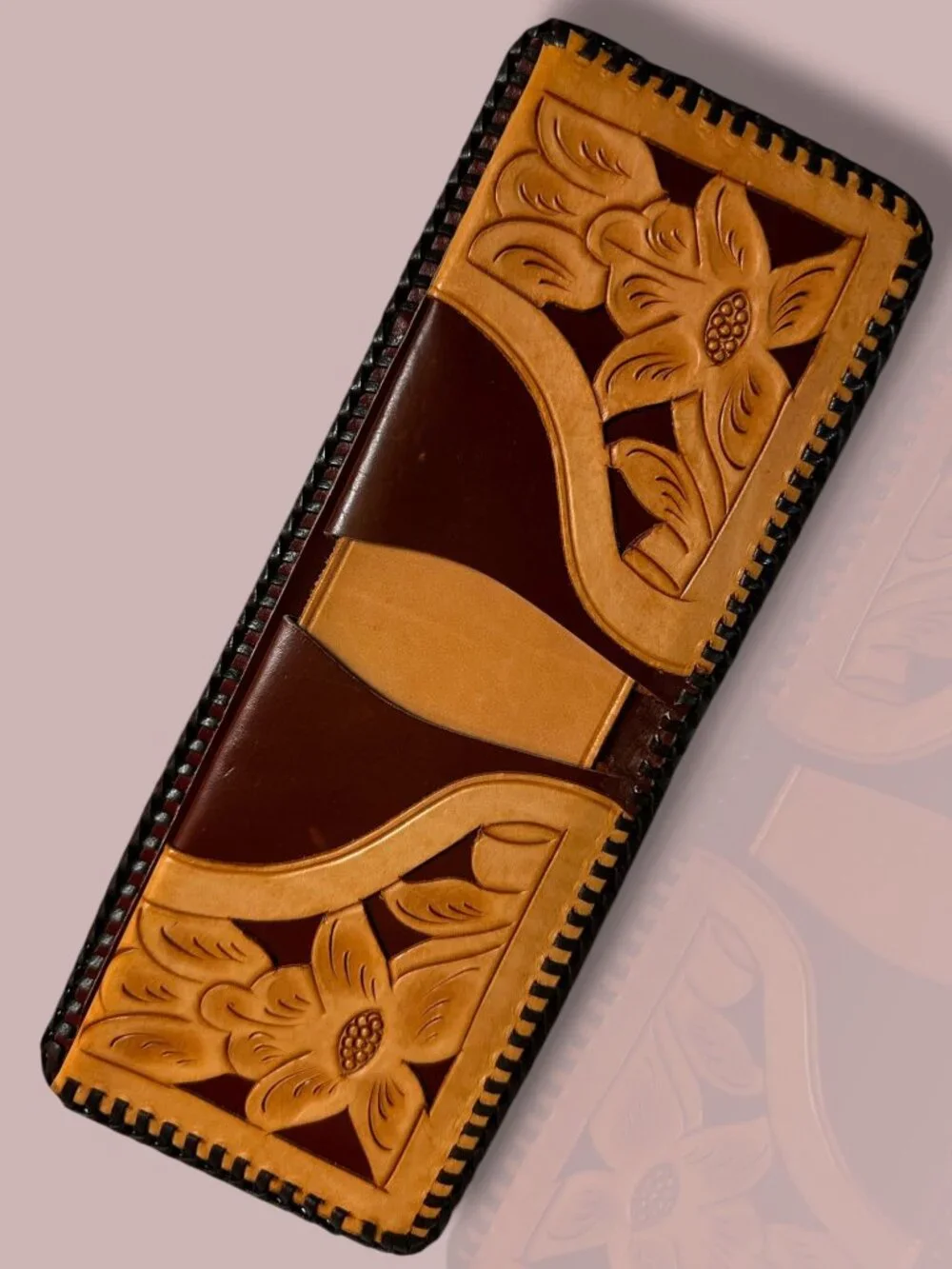 Vintage Hand-Tooled Leather BiFold Wallet With Floral & Scroll Design In NOS Ori